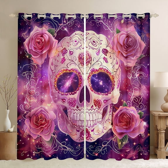 Halloween 30%-50% Blackout Curtains Gothic Skull Curtains & Drapes 2 Panels,(42Wx63L) 2 Panels,Galaxy Starry Sky Curtains Teens Room Decor Bohemian Decor Skeleton Bones Window Curtains