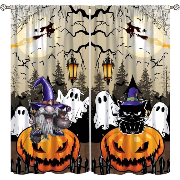 Halloween Blackout Curtains for Kitchen, Pumpkin Dwarf Black Cat Cute Ghost Witch Magic Forest Pattern Decor Window Treatments, Funny Drapes for Kids Teen Room Bedroom Nursery, 42x54in