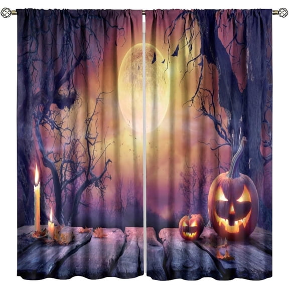 Halloween Blackout Curtains, Old Wooden Plank Orange Pumpkin Horror Scary Landscape Moonlight Window Drapes, for Bedroom Living Room 84" W X 84" L