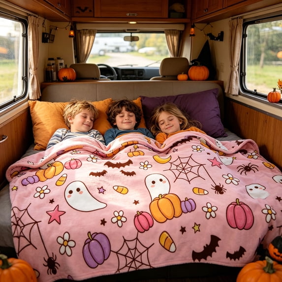 Halloween Blanket 39.4x27.6in Cozy Flannel Blanket Ghost Print for Couch Bedroom Travel by OVFUIZ