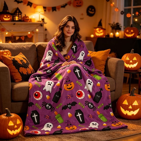 Halloween Blanket 39.4x27.6in Flannel Blanket Ghost Print for Bedroom Office Nap by OVFUIZ
