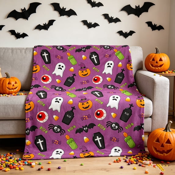 Halloween Blanket 39.4x27.6in Flannel Blanket Ghost Print for Bedroom Office Nap by OVFUIZ