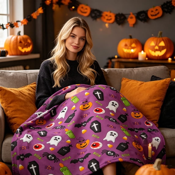 Halloween Blanket 39.4x27.6in Flannel Blanket Ghost Print for Bedroom Office Nap by OVFUIZ