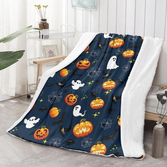 Halloween Blanket 50" x 60" Haunted Throw Pumpkin Ghost Spooky Spider Webs Bat Witch''s Hat Skull Potions Flannel Halloween Fleece Blankets and Throws Double Thickening More Warm