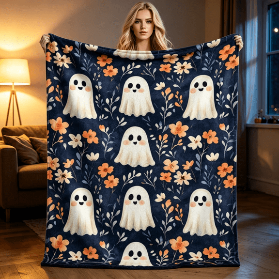 Halloween Blanket—A soft flannel throw featuring skulls and pumpkins; perfect as a fun, festive decoration for the living room or bedroom, and an excellent Halloween gift for both children and adults
