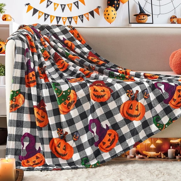 Halloween Blanket, Black Buffalo Plaid Fall Pumpkin Throw Blanket for Couch Sofa Bed Office Camping, Soft Warm Fuzzy Cozy Checkered Blanket, Halloween Decor 50"X60"