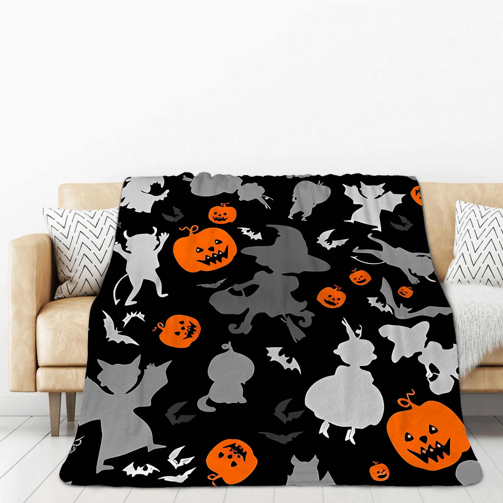 Halloween Blanket Black Cat Ghost Bat Pumpkin Print Soft Flannel Cozy