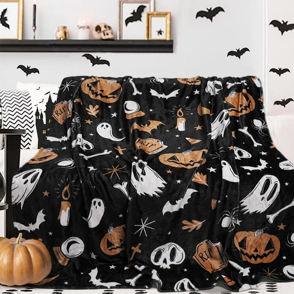 Halloween Blanket, Black Pumpkin Skull Ghost Blanket, Goth Style Blanket Throw, Flannel Soft Warm and Comfortable Blanket, Suitable for Sofa and Chair 50x60inch