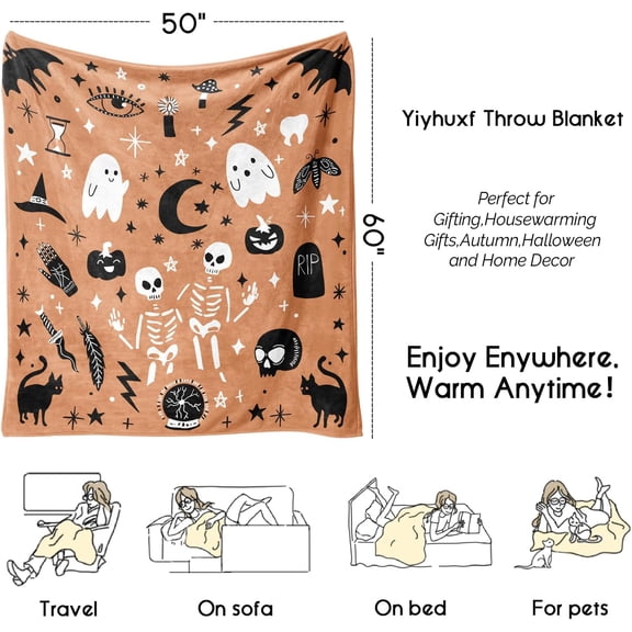 Halloween Blanket,Cute Kawaii Ghost Skeleton Goth Occult Creepy Witch Pumpkin for Women,Halloween Flannel Fleece Throw Blanket for Home Living Room Bed Chair Decor 60"x50"