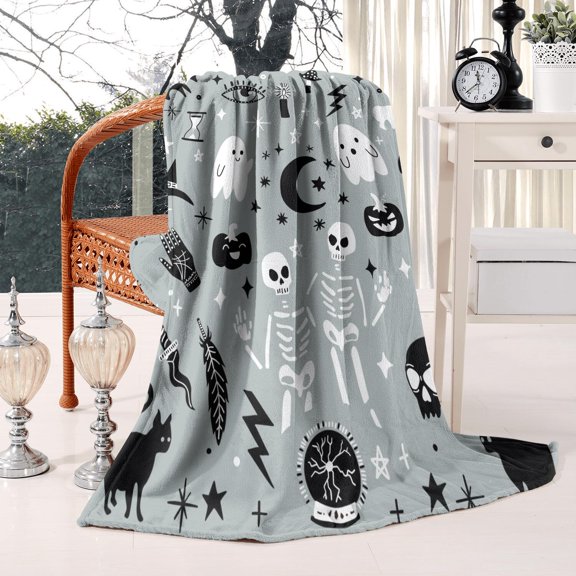 Halloween Blanket,Cute Kawaii Ghost Skeleton Goth Occult Creepy Witch Pumpkin for Women,Halloween Flannel Fleece Throw Blanket for Home Living Room Bed Chair Decor Blue 60"x50"