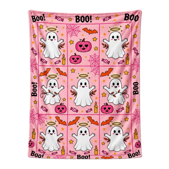 Halloween Blanket Flannel Pink Ghost Boo Design All Season Throw Warm Soft Plush Home Decor for Couch and Bed 50x40