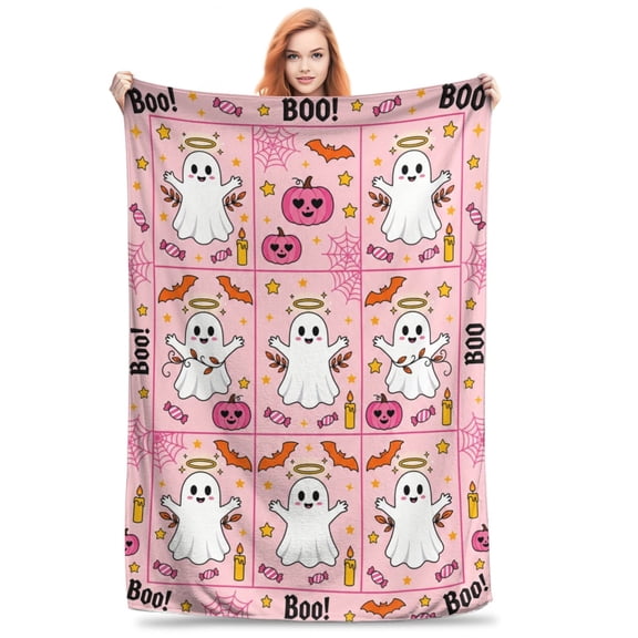 Halloween Blanket Flannel Pink Ghost Boo Design All Season Throw Warm Soft Plush Home Decor for Couch and Bed 50x40