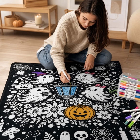 Halloween Blanket, Flannel Throw, DIY Coloring, Soft Polyester, Halloween Patterns, Home Decoration, Art Activity