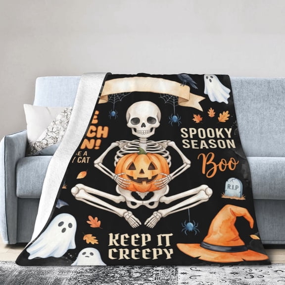 Halloween Blanket, Flannel Vintage Ghost Skeleton Print, All Season Throw, Warm Fuzzy Soft Plush Blanket 50x40