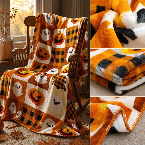 Halloween Blanket, Fleece Throw Blanket, Halloween Throw Blanket, Fall Plaid Blanket, Ghost, Bat and Pumpkin Patternfor Couch Sofa or Bed 27.5" x 39"