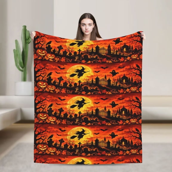 Halloween Blanket Full Moon Witch Graveyard Bats Ghosts Pumpkins Gift for Spooky Decor Lovers 50x40 in