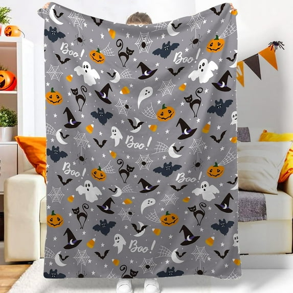 Halloween Blanket Funny Ghosts with Pumpkins Spiderwebs Bats and Black Cats Designed Flannel Throw Blanket Cozy Soft Lightweight Bed Blankets Halloween Decor Plush Blanket 60x50 Inch
