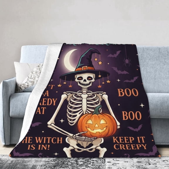 Halloween Blanket, Ghost Skeleton Throw Blanket, Cozy Flannel Blanket for Couch Sofa Bed, Spooky Home Decor Accent 50x40