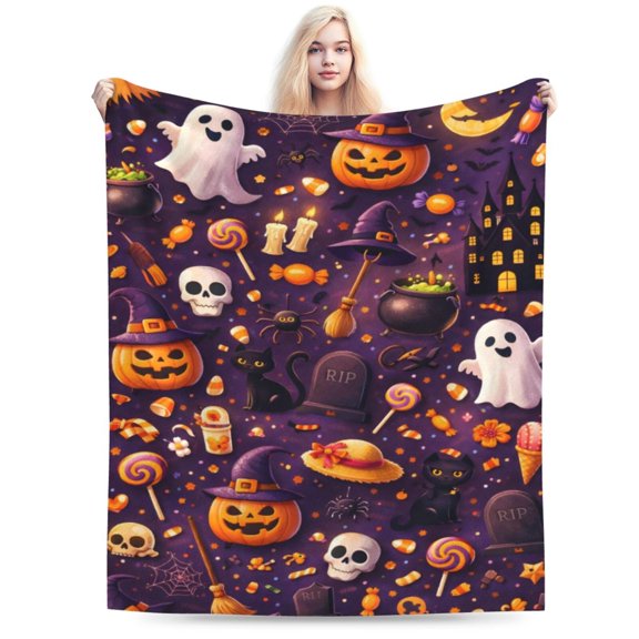 Halloween Blanket Gift Throw Blanket Cozy Soft Spooky Pumpkin Ghost Witch Pattern Blanket Home Decor Gift for Kids Family Halloween Party Decor 50x40