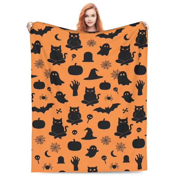 Owl Blanket, Halloween Black Cat Bat Ghost Pumpkin Witch Hat Silhouette Print, Soft Flannel Couch Throw for Home Decor 50x40