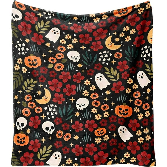 Halloween Blanket,Halloween Skulls Ghost Pumpkins Flower Fleece Blankets, for Women Flannel Throw Blanket for Home Living Room Couch Bed Chair or Dorm Decor 60"x50"