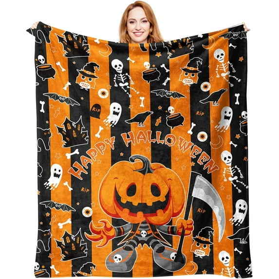 Halloween Blanket Happy HalloweenSoft Throw Blanket - Halloweens Themed Gift with Trick or Treat Pumkin Ghost Witch Black Cat Spider Bat Skull 50" X 60"