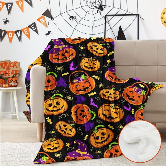 Halloween Blanket Haunted Throw Cartoon Pumpkin Ghost Spooky Spider Webs Bat Black Cats Witch''s Hat Skull Potions Flannel Halloween Fleece Blankets and Throws (50" x 60")