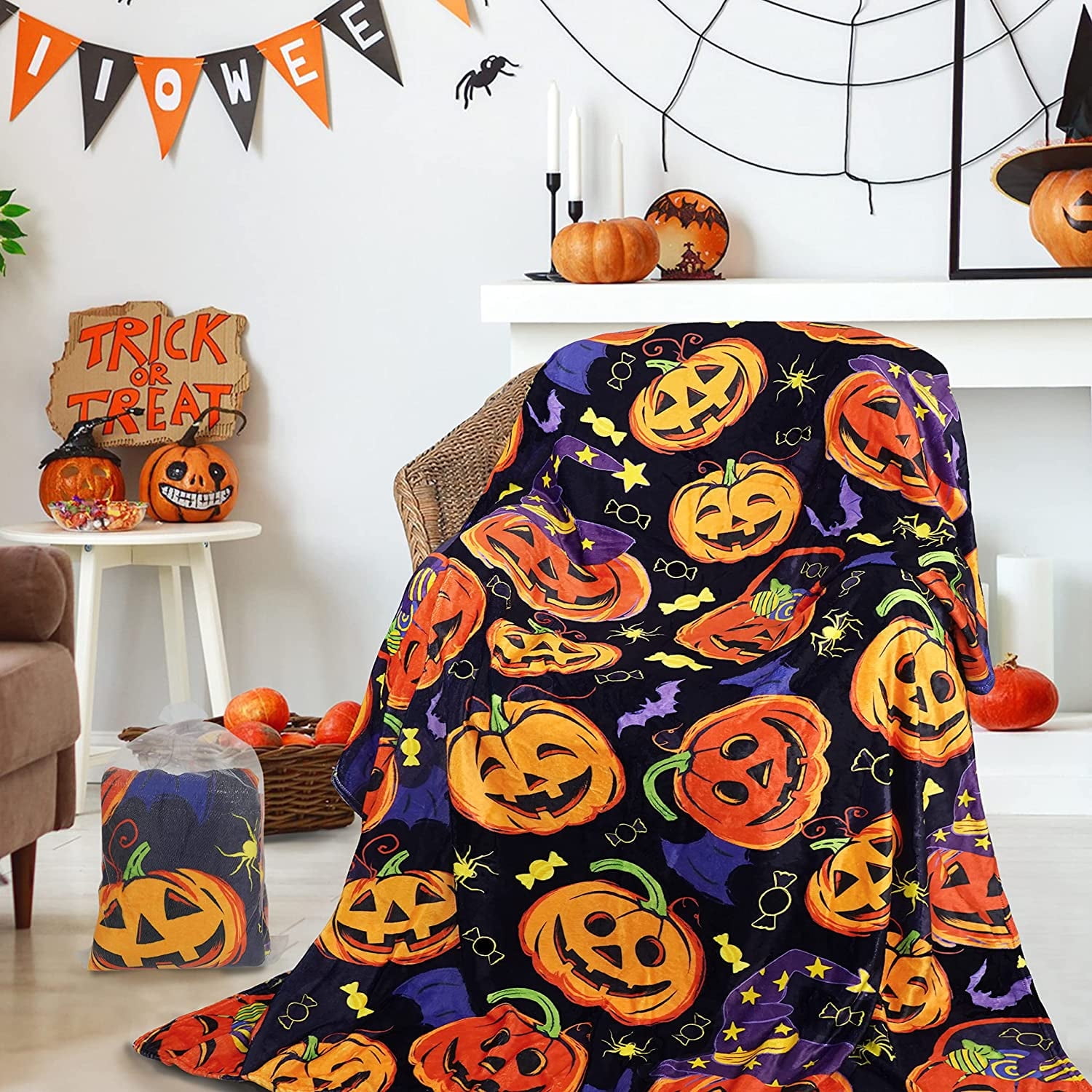 Halloween Blanket Haunted Throw Pumpkin Ghost Spooky Spider Webs Bat ...