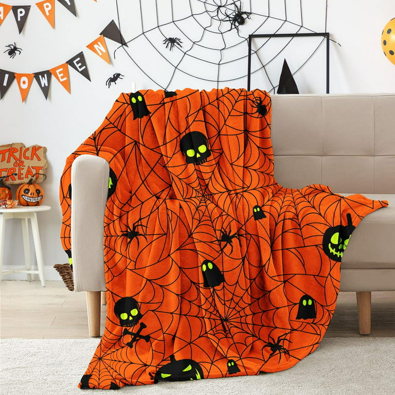 Halloween Blanket Haunted Throw Pumpkin Ghost Spooky Spider Webs Bat Skull  Flannel Halloween Fleece Blankets and Throws (50 x 60)