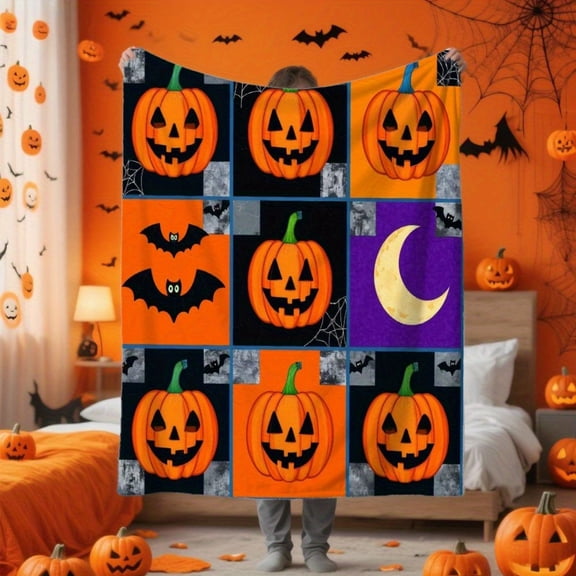 Halloween Blanket - Heavyweight 280gsm Flannel Throw with Jack-O'-Lanterns, Bats, Spiders, Moon - Soft Orange, Black, Purple, Green, White - Lightweight All-Season Couch, Bed, Sofa Cover - Machine Wa