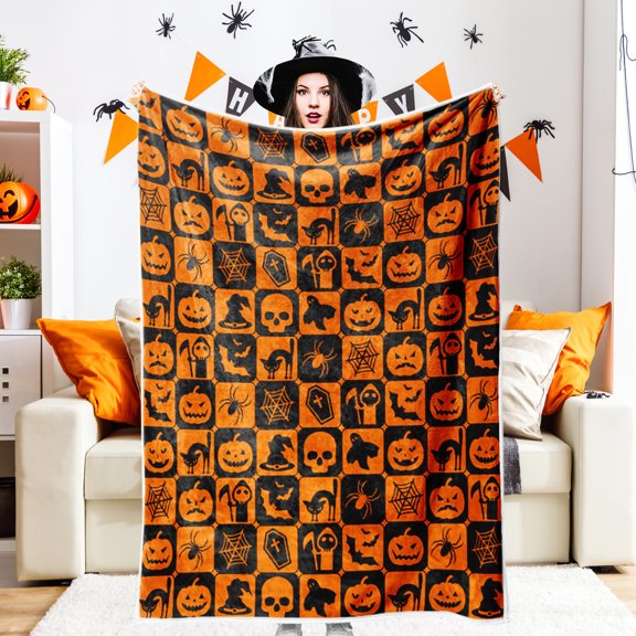 Halloween Blanket, Orange Checkered Plaid Pumpkin Black Bat Ghost Skull Halloween Throws Blankets, Spooky Webs Witch's Hat Soft Cozy Flannel Blanket for Sofa Couch Bed Decor, 50X60IN