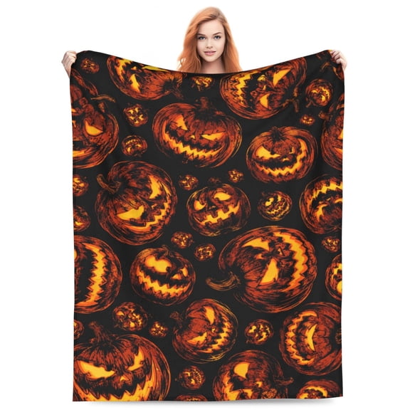 Halloween Blanket, Orange Pumpkin Fall Cabin Throw, Soft Warm Plush Flannel for Living Room Sofa 50x40