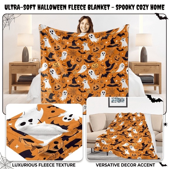 Halloween Blanket, Orange Pumpkin Ghost Single-Sided Print Soft Flannel Blanket, for Living Room Couch, Bedroom Bed, Kids Playroom, Dorm Room, Halloween Themed Home Decoration,