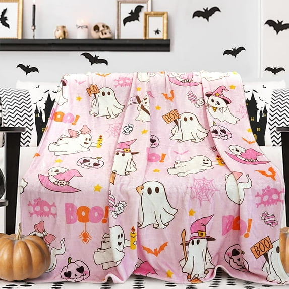 Halloween Blanket, Pink Ghost Boo Blanket, Fun and Cute Blanket Throw, Flannel Soft Warm and Cozy Blanket, Suitable for Sofas and Chairs 50x60inch