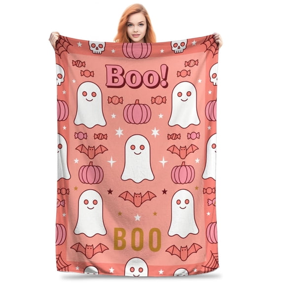 Halloween Blanket, Pink Ghost Boo Design Blanket, Cute Spooky Halloween Decor Accent, Soft Cozy Blanket for Couch Chair Bed 50x40