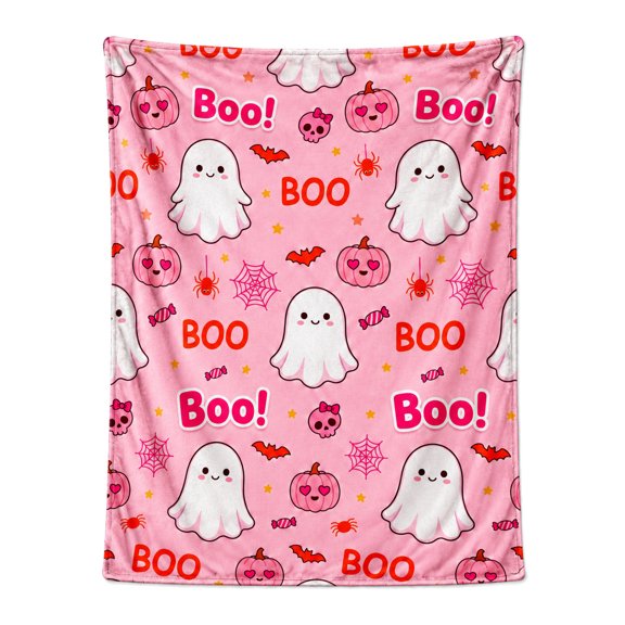 Halloween Blanket, Pink Ghost Boo Throw Blanket, Cute Halloween Flannel Blanket, Soft Warm Cozy Throw for Sofa , Spooky Season Home Decor 50x40