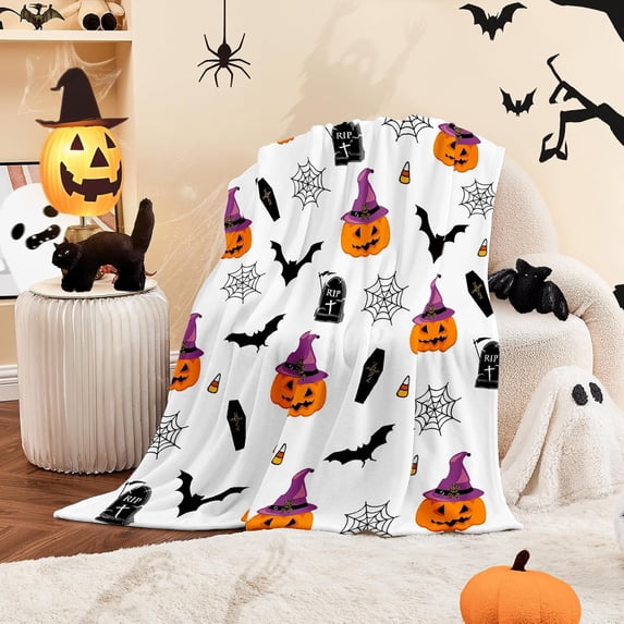 Halloween Blanket Pumpkin Bat Flannel Throw Blanket Soft Plush Blanket for Couch Sofa Bed Spooky Halloween Home Decor 50x60\u201d