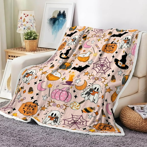 Halloween Blanket, Pumpkin Halloween Cute Holiday Black Cat Throw Blanket Bat Ghost Pumpkin Blankets for Couch, Sofa, Bed 50X60inch, Pink