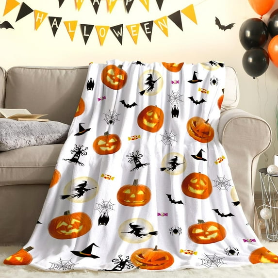 Halloween Blanket Pumpkin Spider Webs Black Bat and Witch Blanket Halloween Decor Super Soft Flannel Throw Blanket for Bedding Sofa and Travel 60"X80"