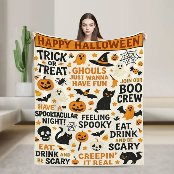 Halloween Blanket Soft Cozy Pumpkin Ghost Spider Throw Blanket Super Plush Warm Bat Witch Hat Fluffy Fleece Halloween Decor Flannel Gifts Blankets for Kids Adults 50x40