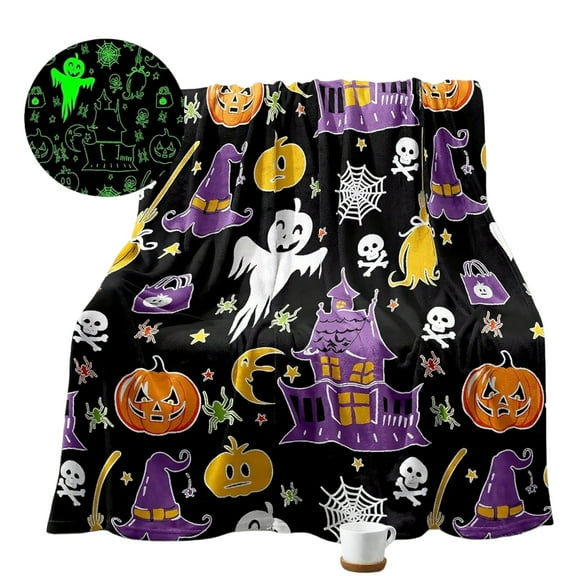 Halloween Blanket Soft Flannel Fleece Throw Blanket Glow in The Dark Pumpkin Ghost Bat for Bed Living Room Gifts 50"×60"