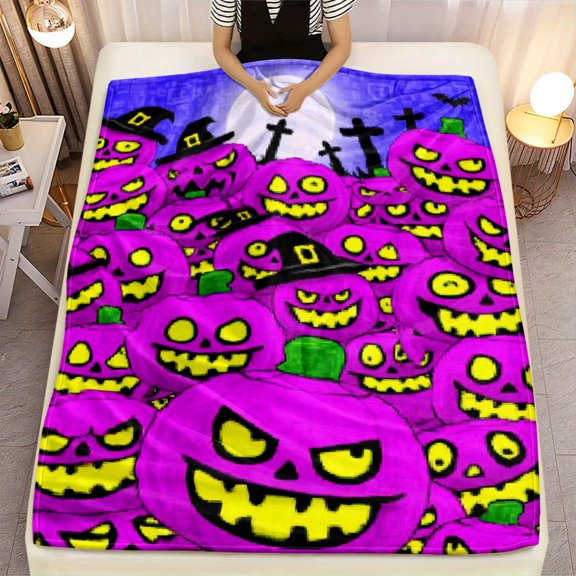 Halloween Blanket - Soft Warm Flannel Throw with Jack-O'-Lanterns, Purple & Yellow Pumpkin Faces - Large 60x80in for Halloween Party Decor, Couch, Bed, Camping - Spooky Home Decor Gift (3 Sizes: 30x4
