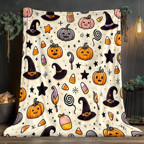 Halloween Blanket - Soft Warm Flannel Throw with Pumpkin, Witch Hats, Candy Designs - Extra Large 60x80in for Couch, Bed, Camping - Heavy Duty 280GSM All-Season Indoor/Outdoor Decor - Perfect Hallowe