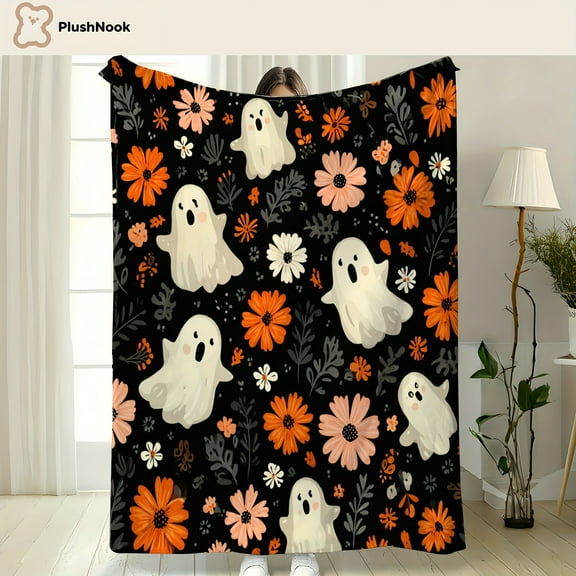 Halloween Blanket - Spooky Ghosts & Floral pattern in Black/Orange/, Heavyweight All-Season Throw for Home, Camping, Travel - Machine Washable Indoor/Outdoor Bedspread - Perfect Halloween