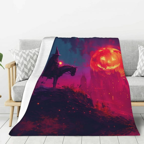 Halloween Blanket Throw Blanket for Couch Sofa and Bed, Pumpkin Moon Witch Knight Halloween Plush Throw Blanket, Halloween Decor Fuzzy Cuteness Comfy Flannel Blanket