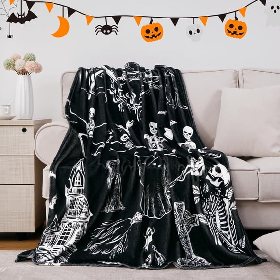 Halloween Blanket Throw, Funny Dancing Skeleton Soft Flannel Blankets, Spooky Ghost Fleece Blanket, Black Cat Warm Cozy Blanket for Sofa Bed Couch Chair, Halloween Decorations, 50 x 60 Inch