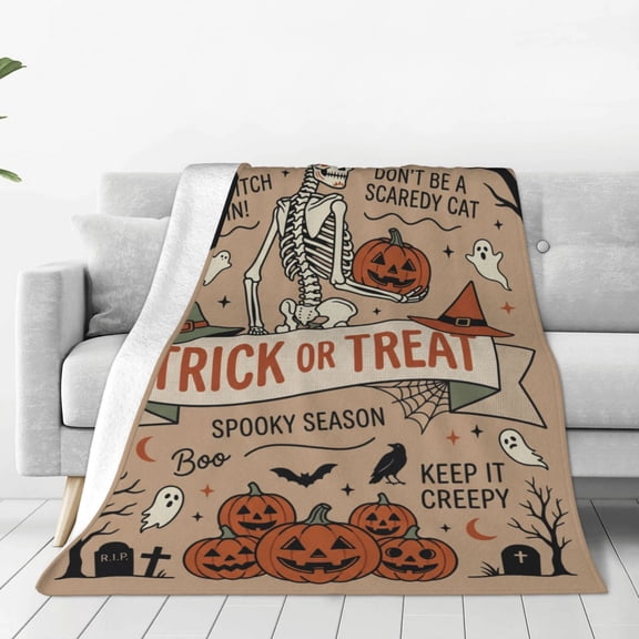 Halloween Blanket, Vintage Scary Ghost Skeleton Pattern, Cozy Fuzzy Flannel Throw, Winter Home Decor for Couch Bed 50x40