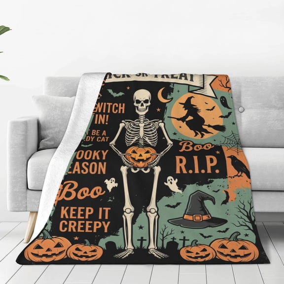 Halloween Blanket, Vintage Scary Ghost Skeleton Pattern, Cozy Fuzzy Flannel Throw, Winter Home Decor for Couch Bed 50x40