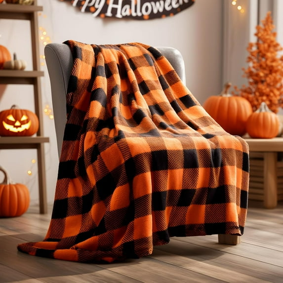 Halloween Blanket for Decor & Gift, Orange and Black Buffalo Plaid Twin Blanket for Couch Bed, Soft & Warm Fleece Blanket for Women Men, 60"x80"