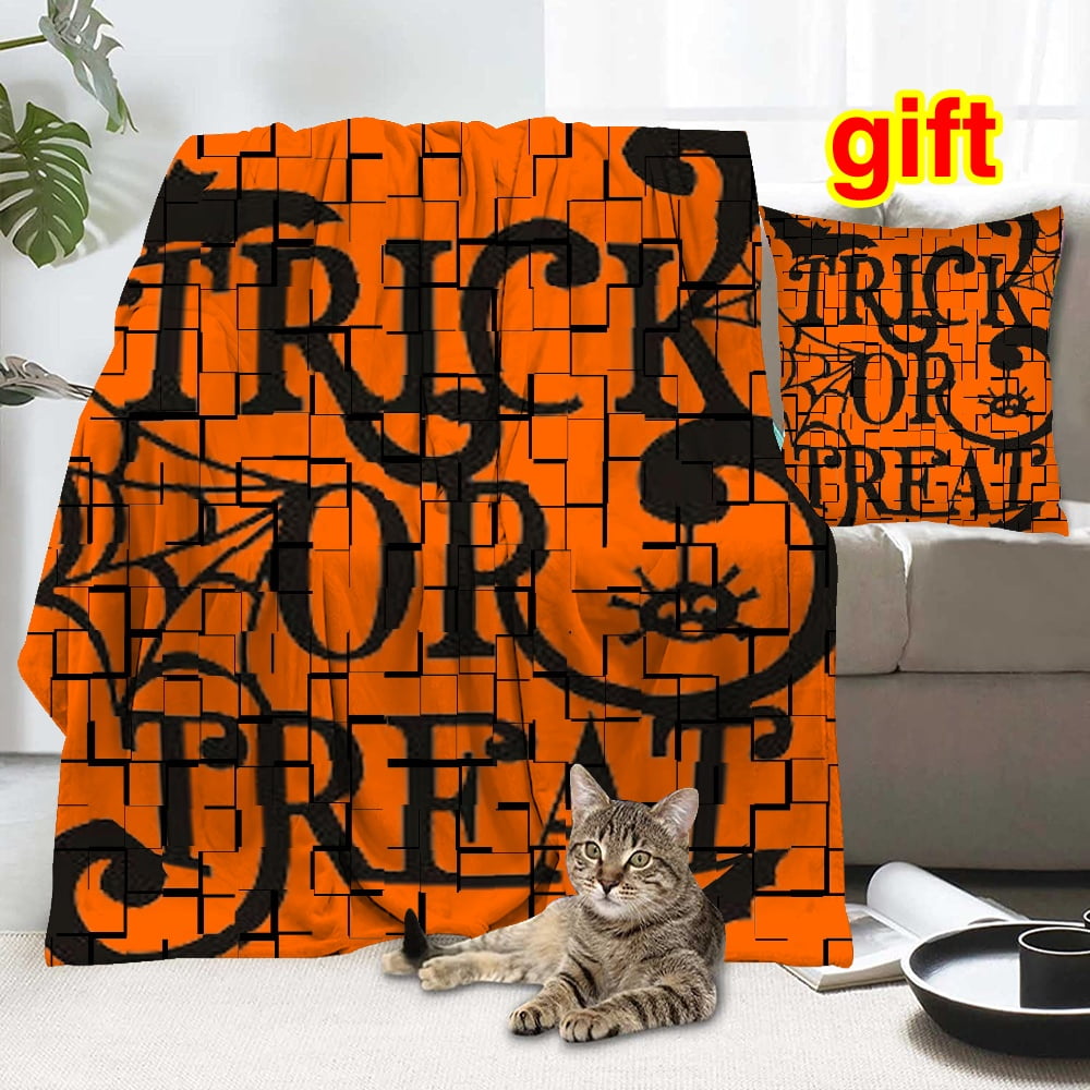 Halloween Blanket with Pillow Case,Horror Pumpkin Lantern Cat Blanket